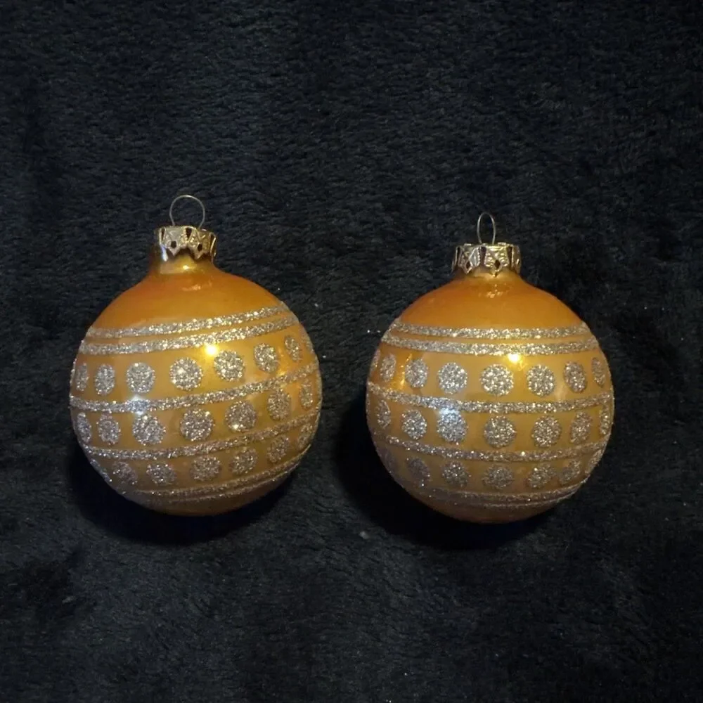 2 Vintage 50s Shiny Brite Gold Circle of Glitter Christmas Ornaments